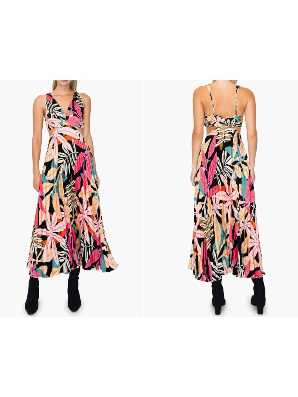 Melloday Women's Size M Leaf Print Pleated Cutout Maxi Dress